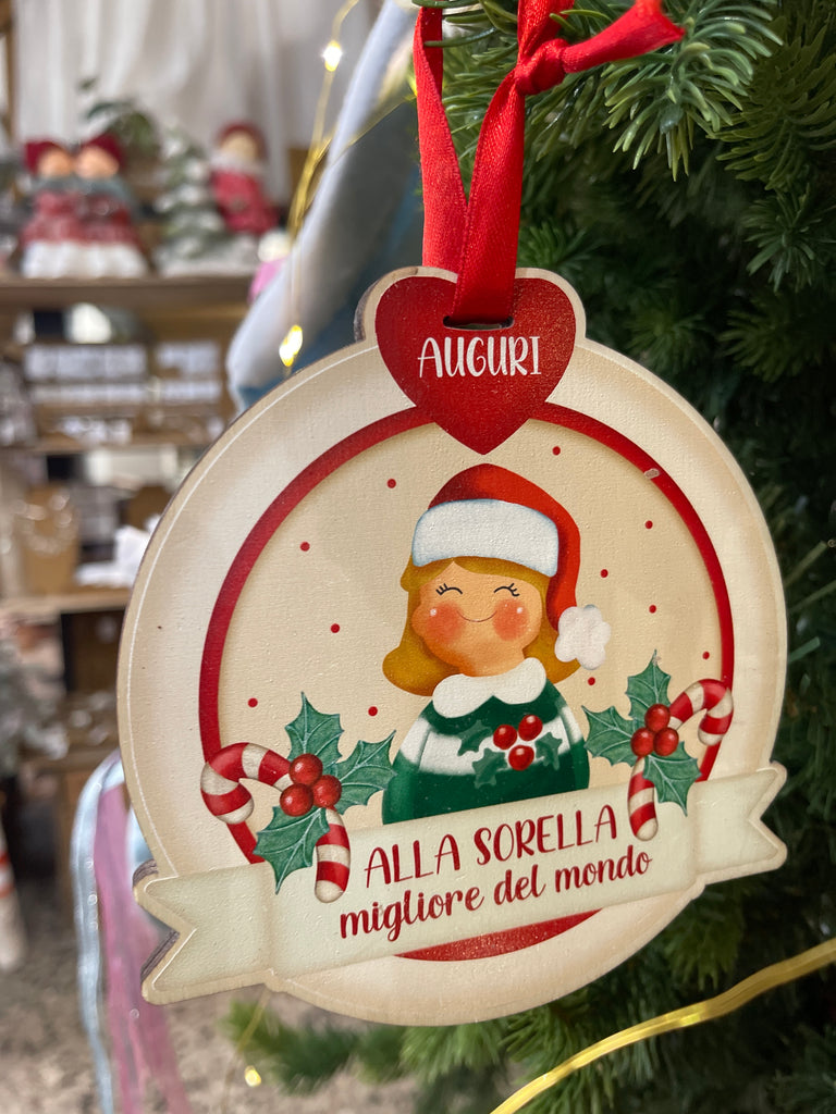 Palla di Natale legno con dediche e soggetti vari