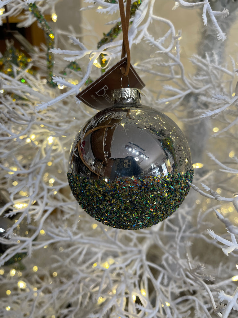 DECORAZIONE SFERA VETRO GLITTER STAR D8 verde/ bianco con stelle