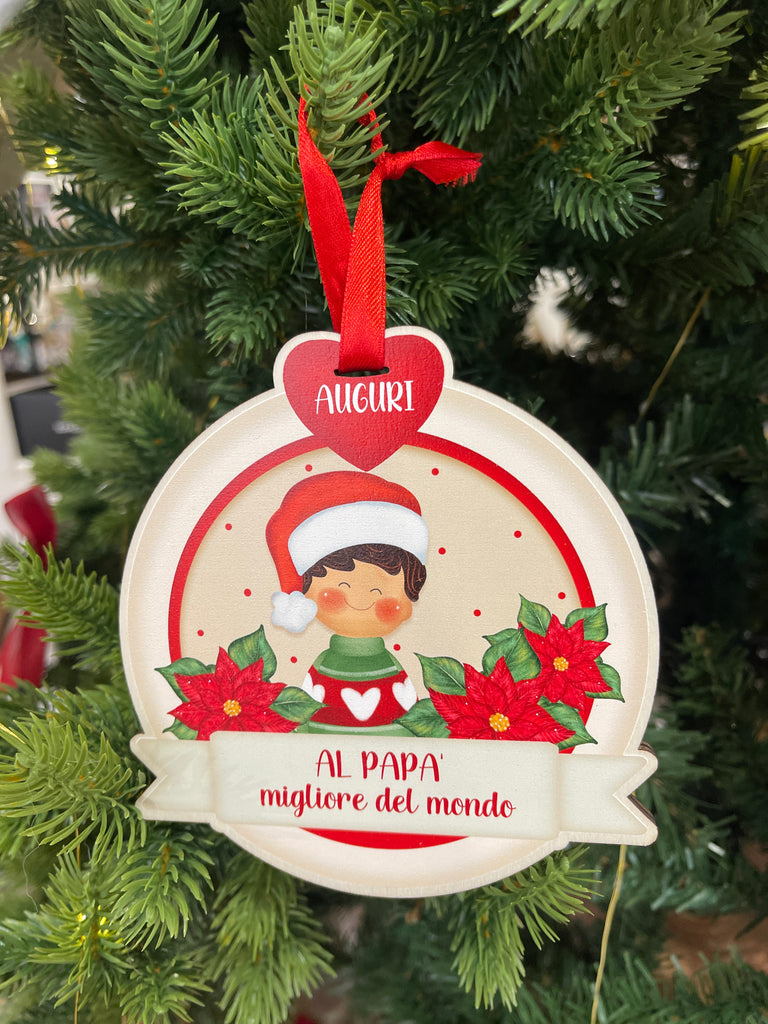 Palla di Natale legno con dediche e soggetti vari