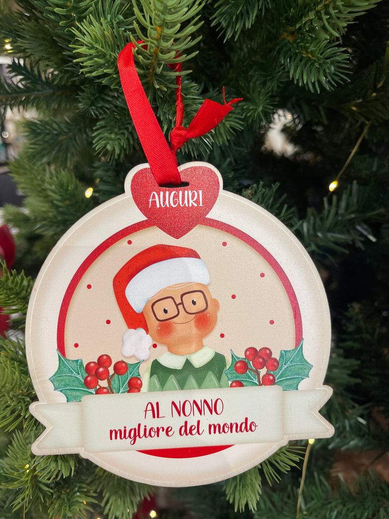 Palla di Natale legno con dediche e soggetti vari