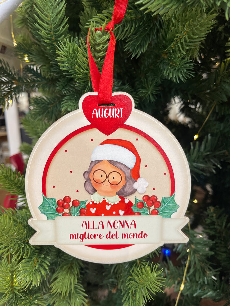 Palla di Natale legno con dediche e soggetti vari
