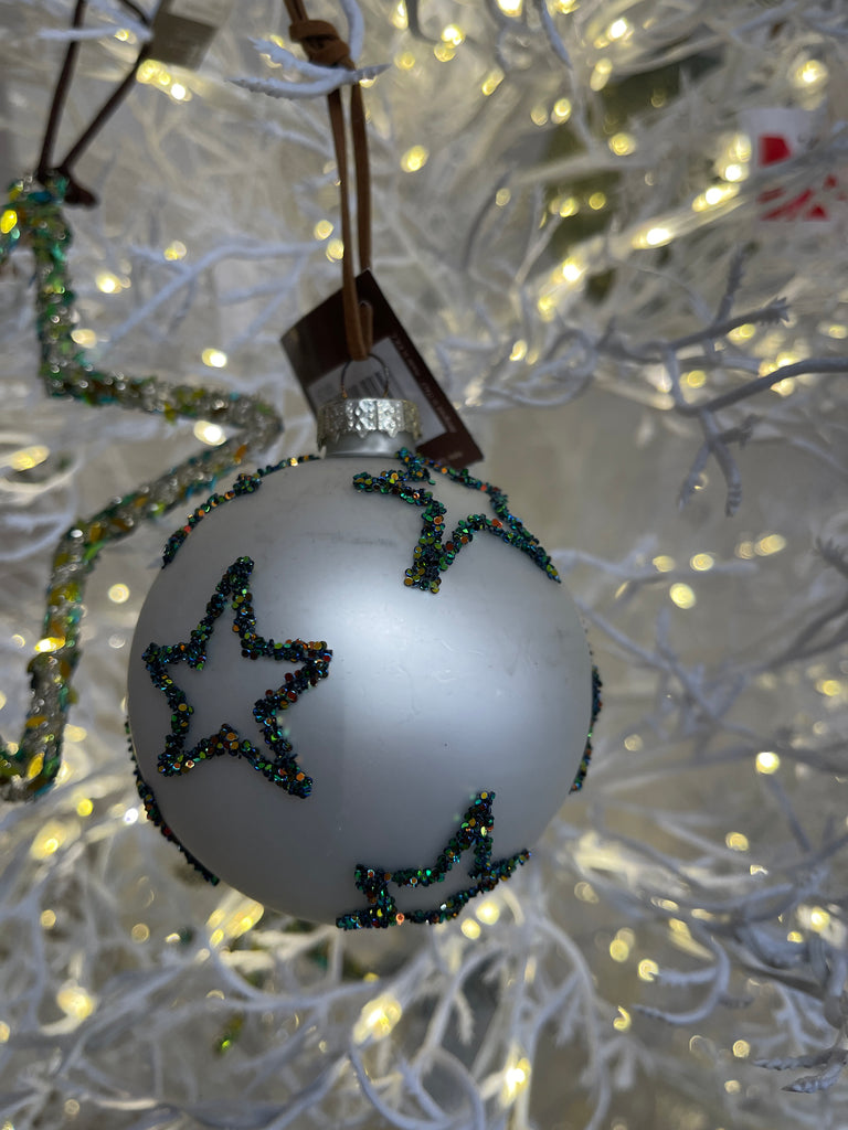 DECORAZIONE SFERA VETRO GLITTER STAR D8 verde/ bianco con stelle
