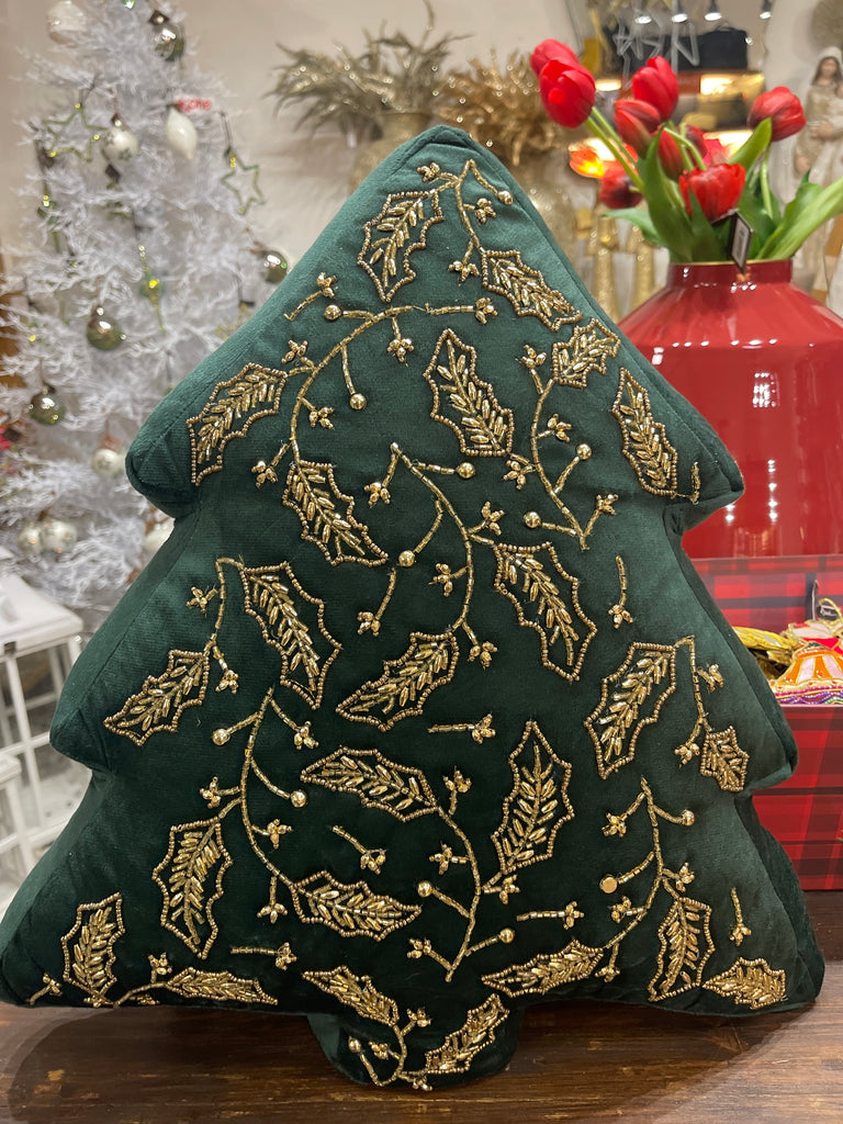 Cuscino scamosciato verde a forma di albero con perline