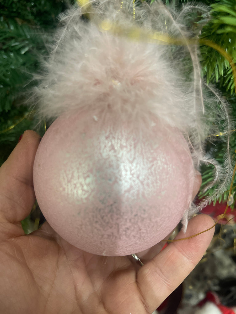 Palla rosa vetro con piume d8