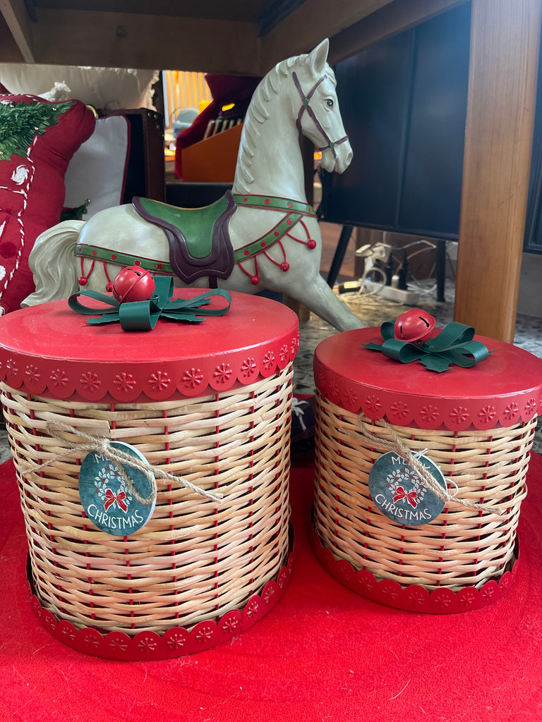 Contenitore vimini e metallo con decoro natalizio set 2 pz