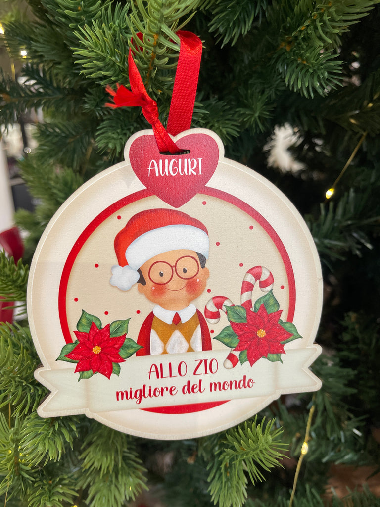 Palla di Natale legno con dediche e soggetti vari