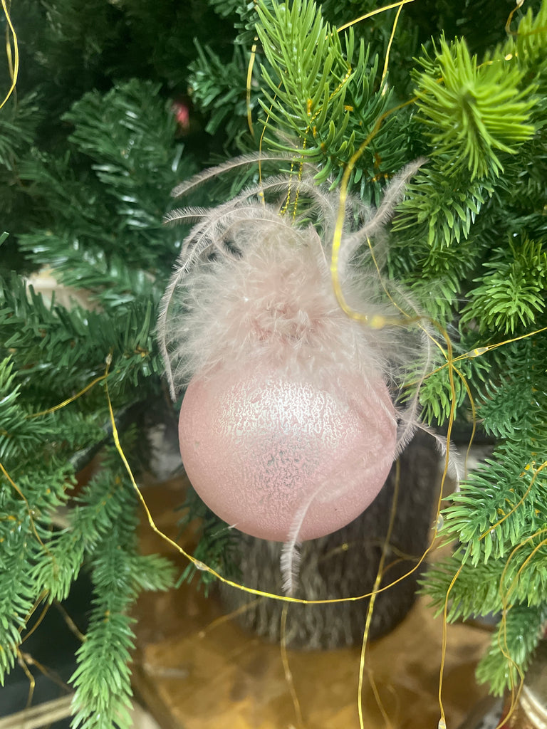 Palla rosa vetro con piume d8
